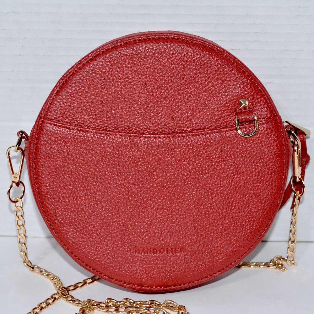 Bandolier Round Shoulder Bag Red Pebbled Leather Purse
